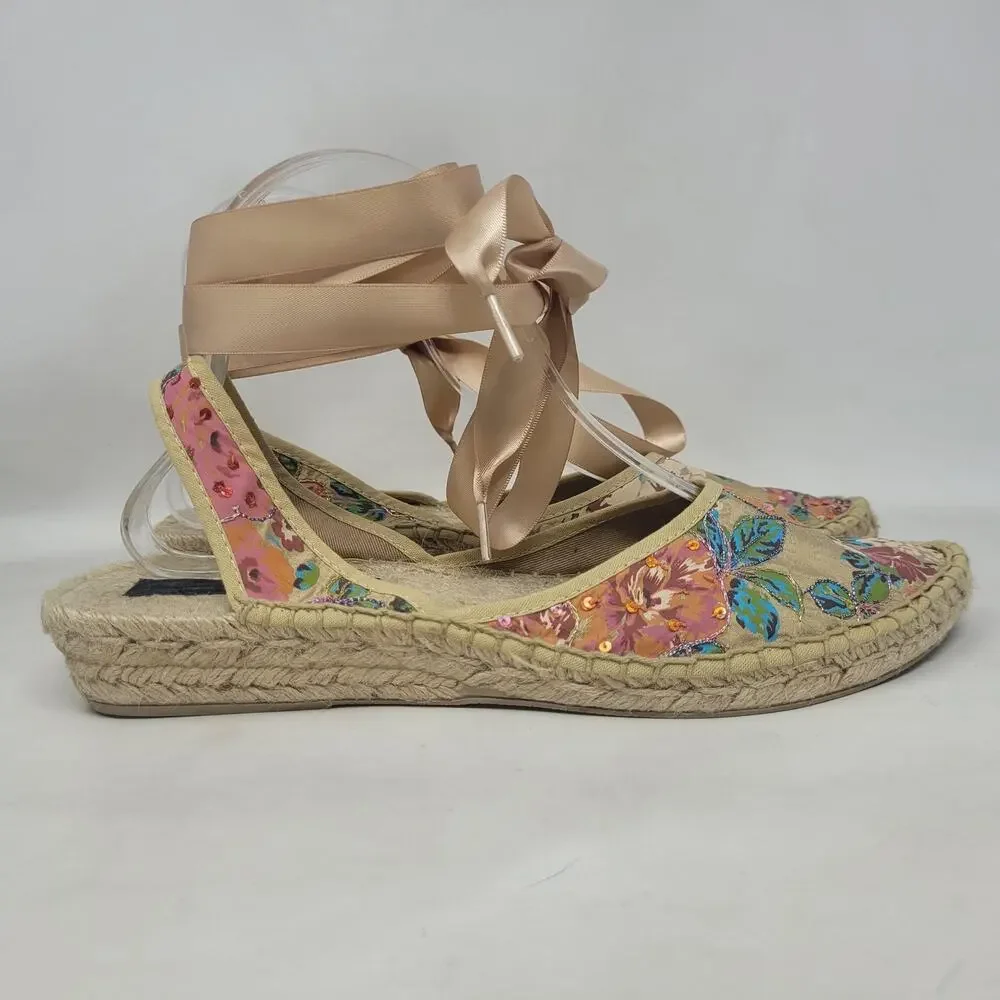 Marmi Sandals 10 Floral Espadrille Sequin Ribbon Tie Wedge Boho Floral Summer